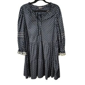 M&S Collection Navy & White Polka Dot Long Sleeve Dress White Ruffle Cuff Accent